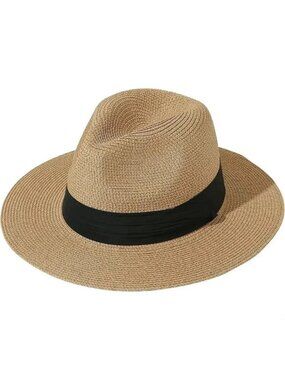 Womens UPF50 Foldable Summer Straw Hat Wide Brim Fedora Sun Beach hat